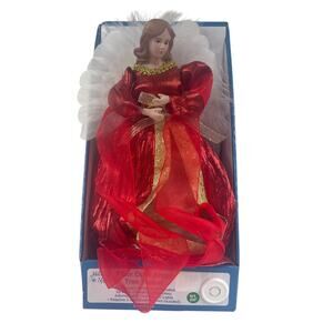 12" LED Fiber Optic Christmas Tree Topper Angel Red Gold Glowing Porcelain Face
